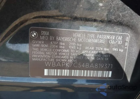 2011 BMW 328I xDrive z USA, uszkodzony, nr VIN WBAPK7C54BA819371